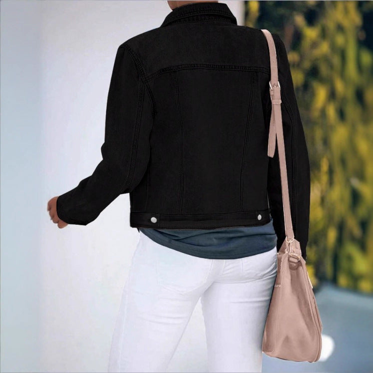 Ladies Short Cropped Tailored Denim Jacket in Trucker Style with Silver Buttons Amarae