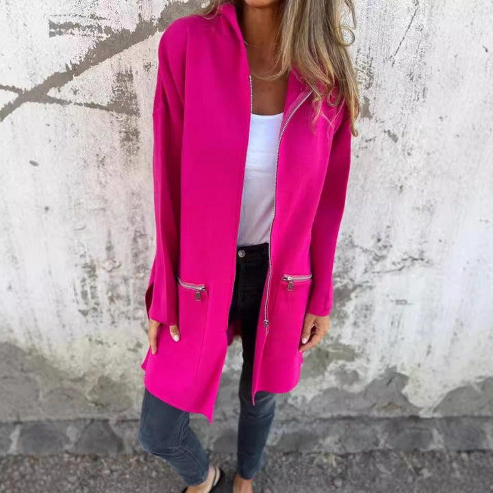 Women’s Hooded Long Cardigan with Full Zip and Decorative Pockets Amarae