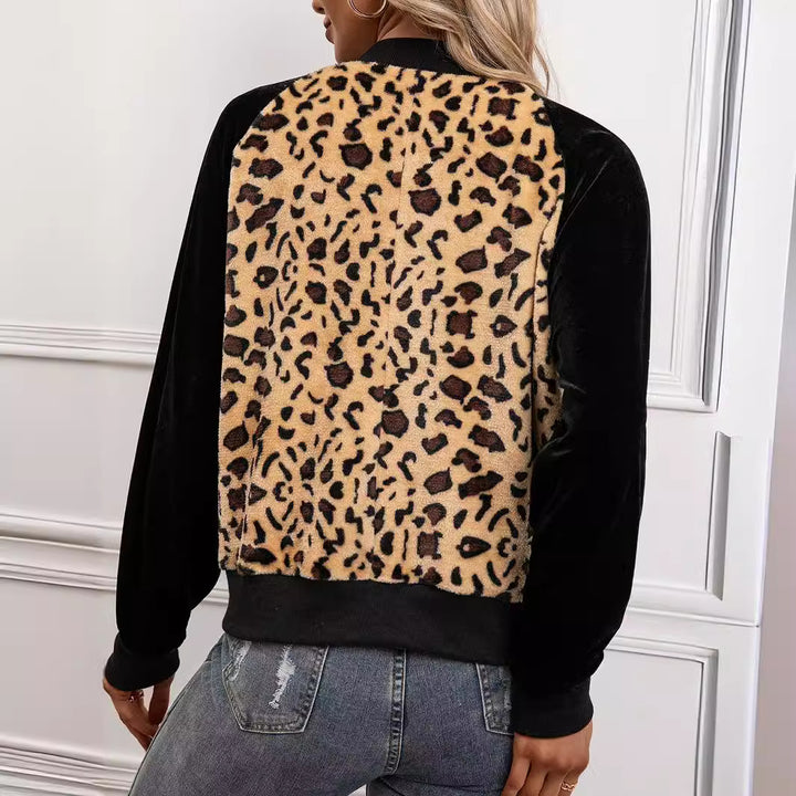Elegant ladies bomber jacket with leopard print and velvet inserts Lune London