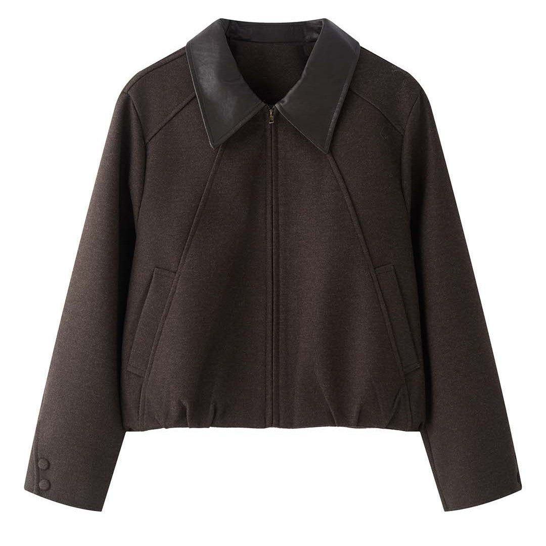 Women's Short Boxy Wool Jacket with Contrasting Leather Collar Amarae