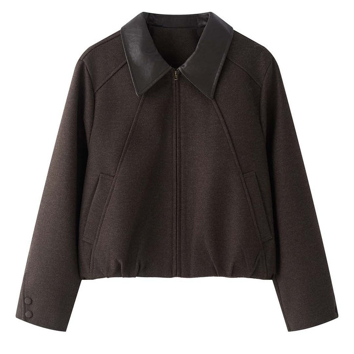 Women's Short Boxy Wool Jacket with Contrasting Leather Collar Amarae