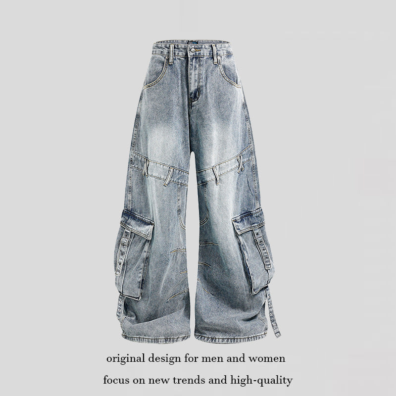 Women Wide Denim Cargo Culotte Pants with High Waist and Multifunctional Pockets Amarae