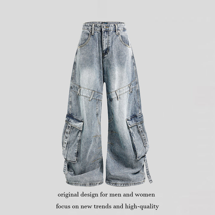 Women Wide Denim Cargo Culotte Pants with High Waist and Multifunctional Pockets Amarae
