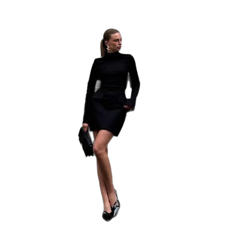 Women's Tailored Mini Dress with Stand Collar, Long Sleeves & Peplum Amarae