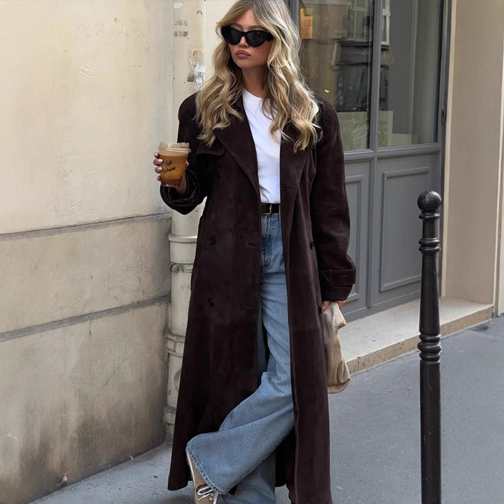 Women's Long Velvet Trench Coat with Tie Belt and Lapel Collar Amarae