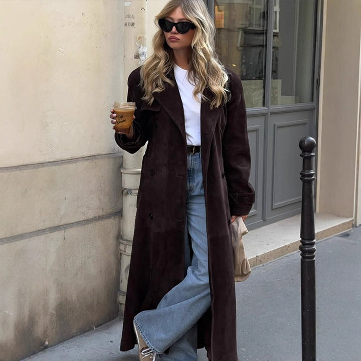 Women's Long Velvet Trench Coat with Tie Belt and Lapel Collar Amarae