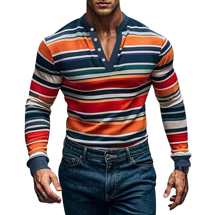 Men's Long Sleeve Henley T-shirt with Fine Striped Pattern and Modern Collar Lune London
