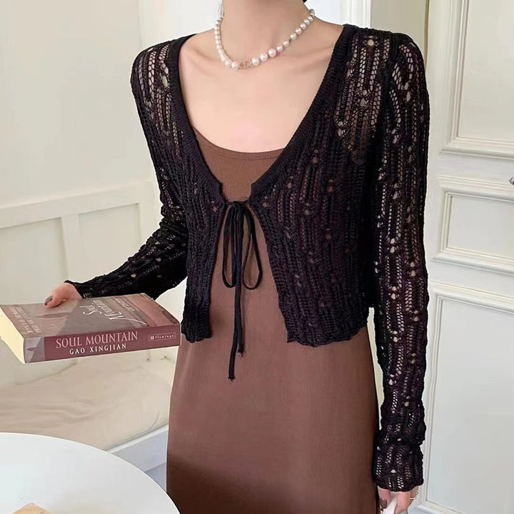 Women's short knit top with delicate lace pattern and nostalgic drawstring Amarae