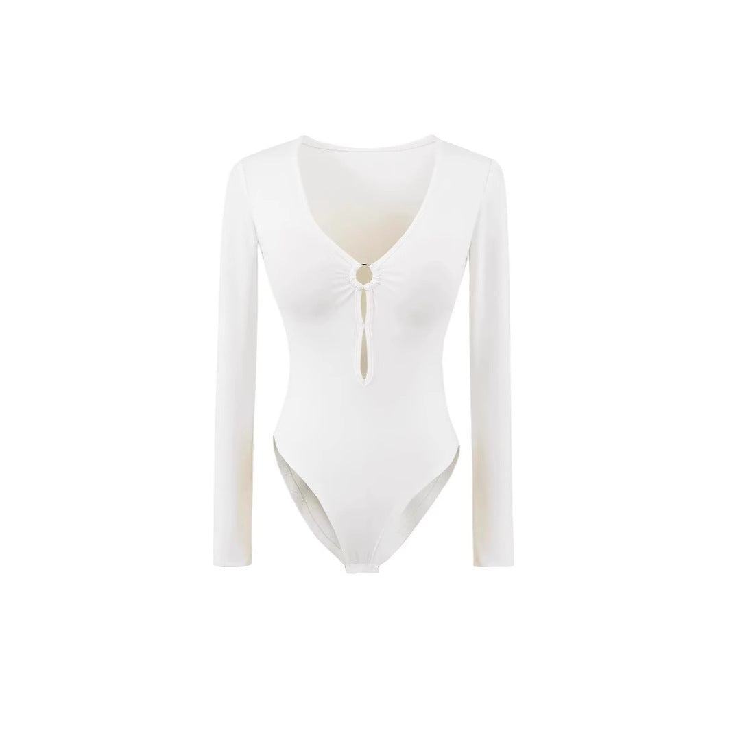 Long sleeve women's body with elegant V-neck and decorative ring detail Lune London