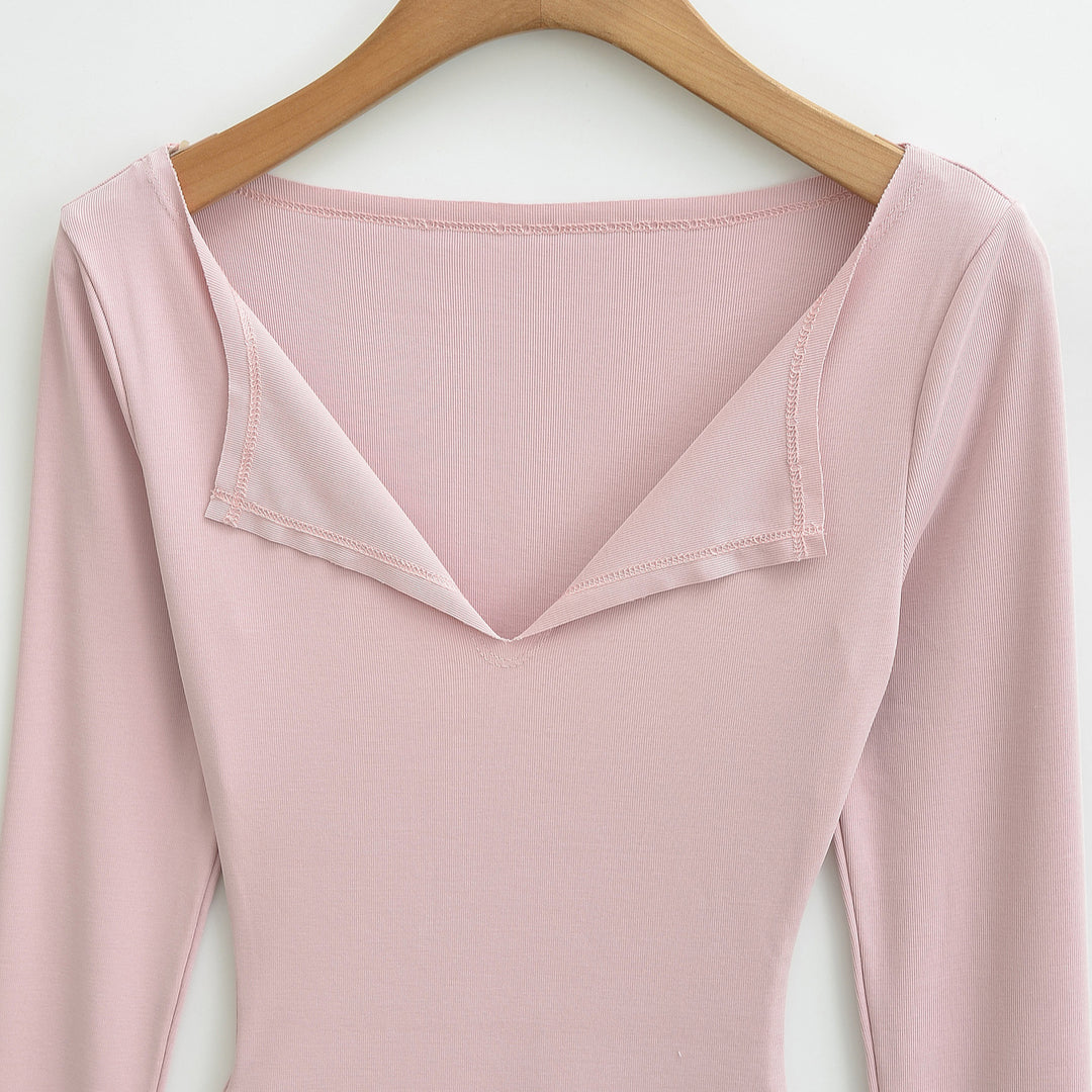 Women's fitted ribbed knit long sleeve with deep V-neck and collar trim Amarae