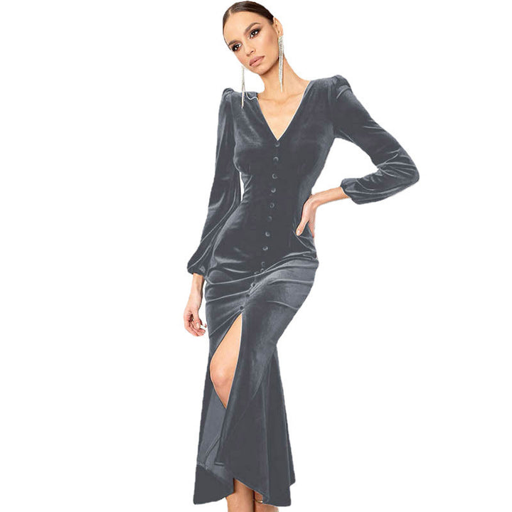 Maxi velvet dress for women with central button closure and side slit Lune London