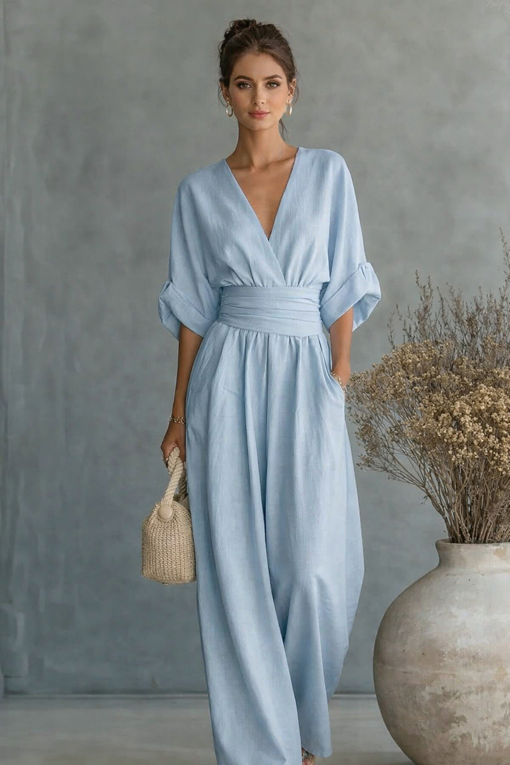 Women Wide Cut Jumpsuit with Elegant Draping and V-Neck Amarae