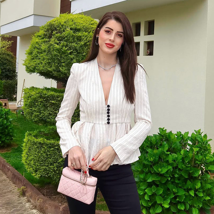 Ladies Tailored Peplum Blazer with Sculpted Shoulder and Decorative Button Placket Amarae
