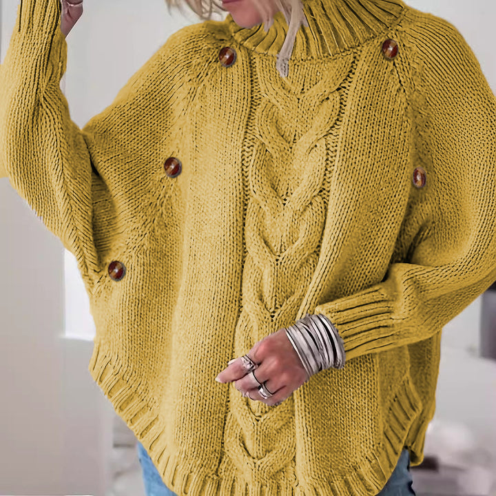 Chunky knit pullover for women with high collar and decorative braided structure Lune Londonl