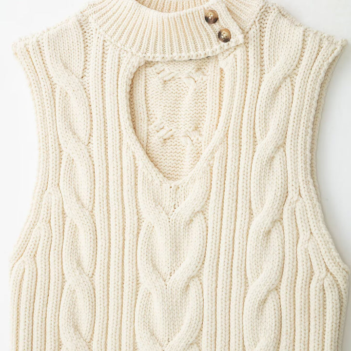 Women's Sleeveless Cable Knit Vest with Stand Collar and Button Detail Amarae