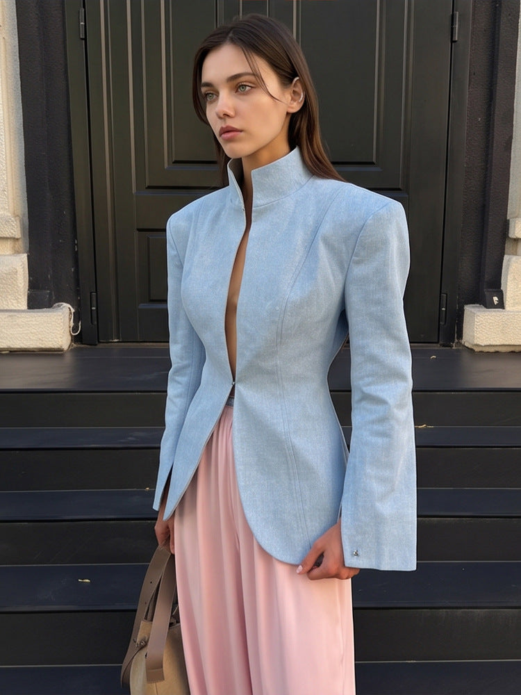 Women's tailored stand collar blazer with concealed hook closure and curved hem Amarae