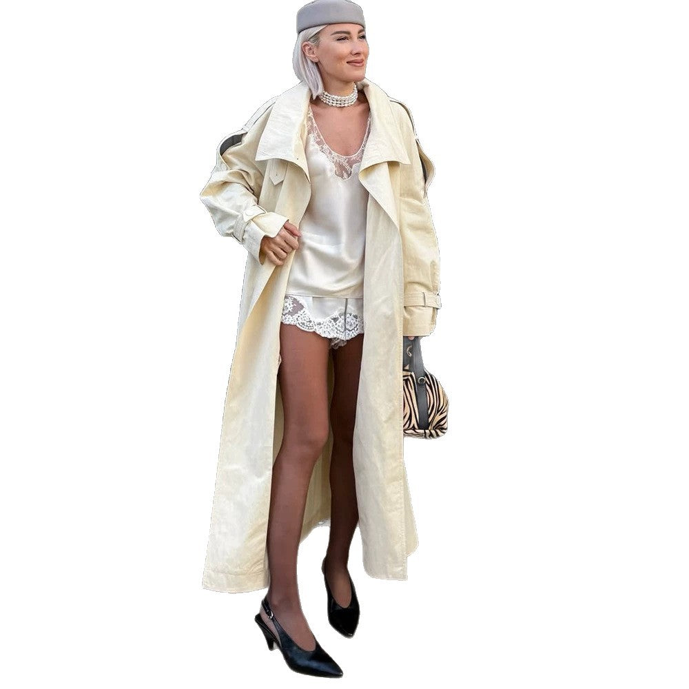 Women’s longer lighter trench coat with wide shawl collar and dropped shoulder Amarae