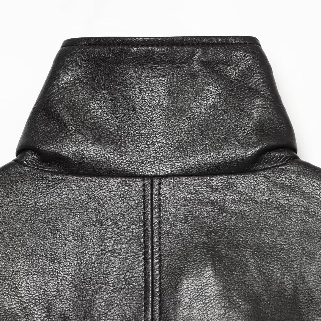 Women's Cropped Boxy Faux Leather Jacket with High Funnel Collar and Concealed Placket Amarae