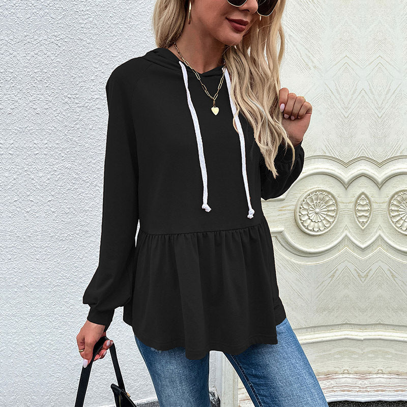 Casual hooded blouse for women with asymmetric cut and ruffle details Lune London