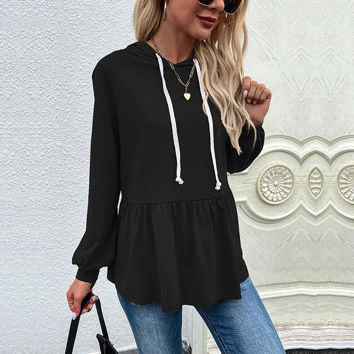 Casual hooded blouse for women with asymmetric cut and ruffle details Lune London