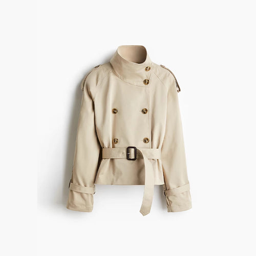 Ladies trendy short jacket in modern trench-coat style with wide collar and belt at the waist Amarae