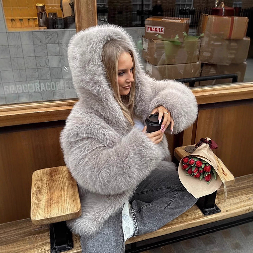Women's Cozy Short Faux Fur Jacket with Extra Voluminous Hood Amarae