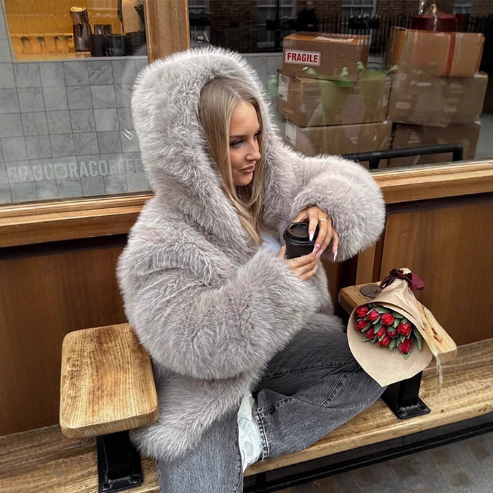 Women's Cozy Short Faux Fur Jacket with Extra Voluminous Hood Amarae