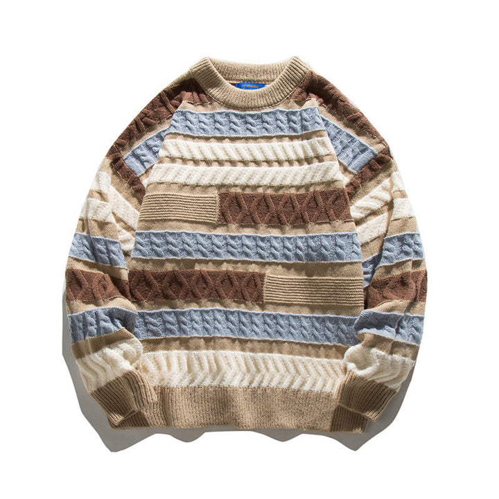 Unisex Oversize Knit Sweater with Patchwork Cable Pattern and Round Neck Amarae