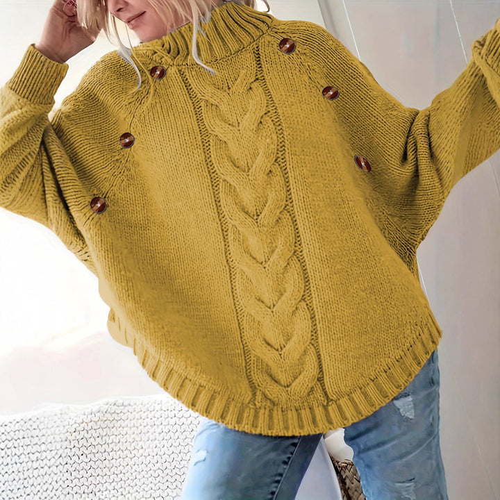 Chunky knit sweater for women with high neck and decorative buttons Lune London