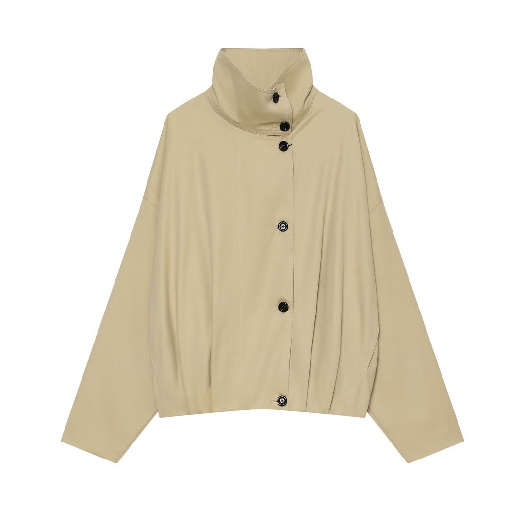 Women Short Cape Jacket with High Funnel Collar, Boxy Silhouette and Dropped Shoulders Amarae
