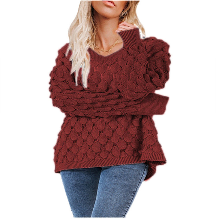Pull en maille épaisse pour femmes avec motif ondulé sculptural et col en V Chic & Stil