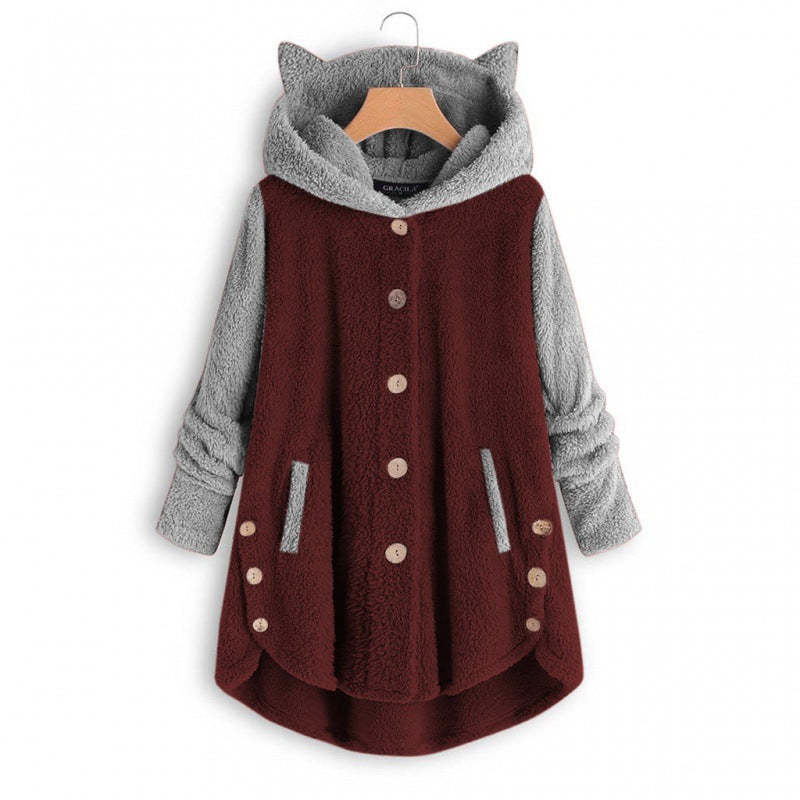 Women's Cozy Hooded Teddy Jacket with Cat Ears, Wooden Button Details and High-Low Hem Amarae