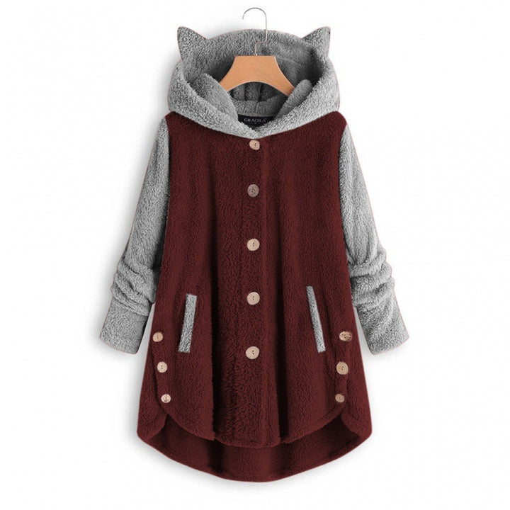 Women's Cozy Hooded Teddy Jacket with Cat Ears, Wooden Button Details and High-Low Hem Amarae
