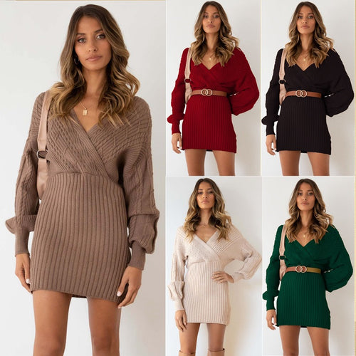 Women’s sweater dress with deep V-neck and structured knit pattern Amarae