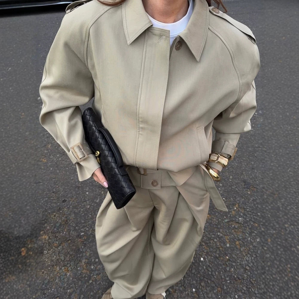 Women Tailored Short Trench Coat with Tie Belt, Raglan Sleeves and Concealed Button Placket Amarae