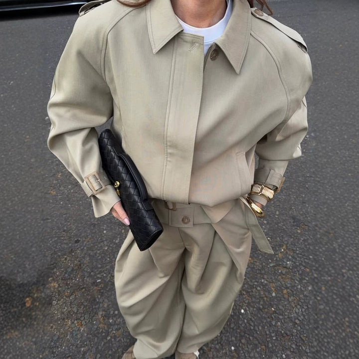 Women Tailored Short Trench Coat with Tie Belt, Raglan Sleeves and Concealed Button Placket Amarae