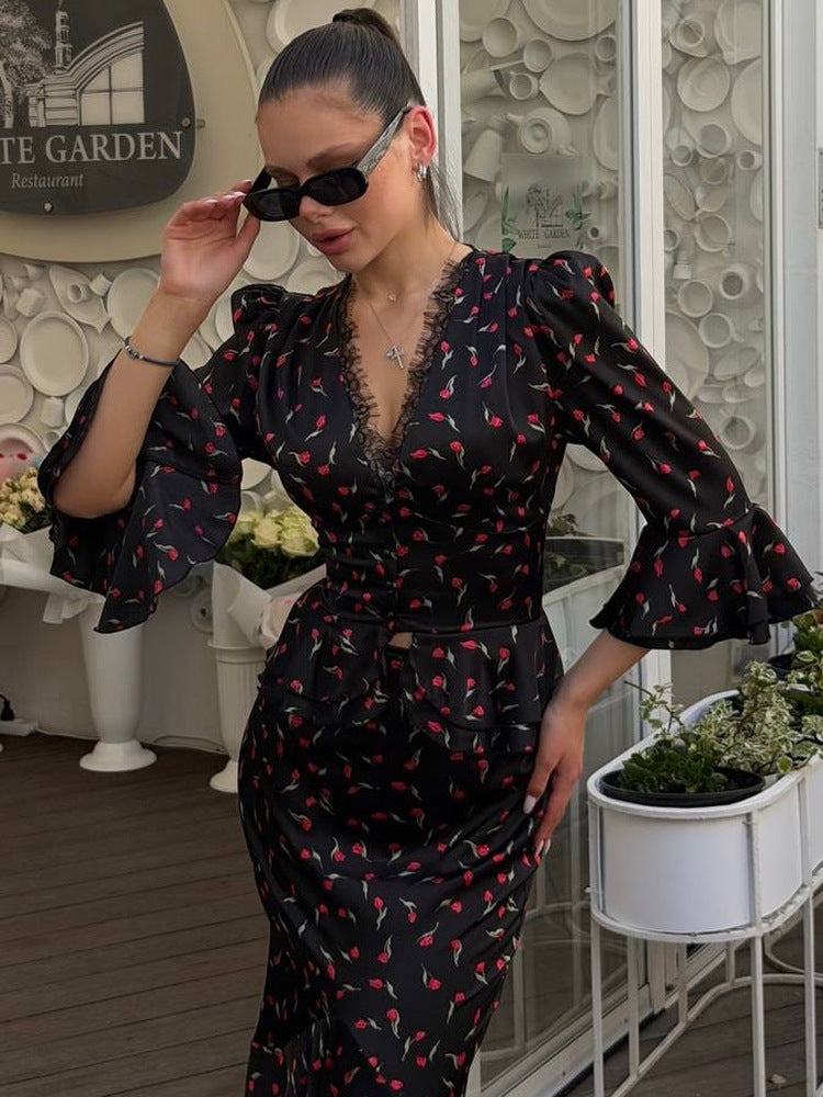 Women's Two-Piece Satin Set with Tailored Peplum Blouse & Mermaid Midi Skirt Amarae