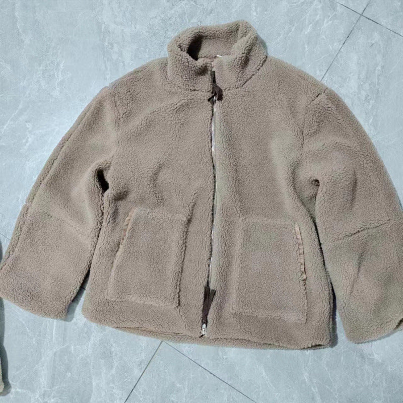 Ladies Cozy Teddy Fur Jacket with High Collar and Zipper Lune London