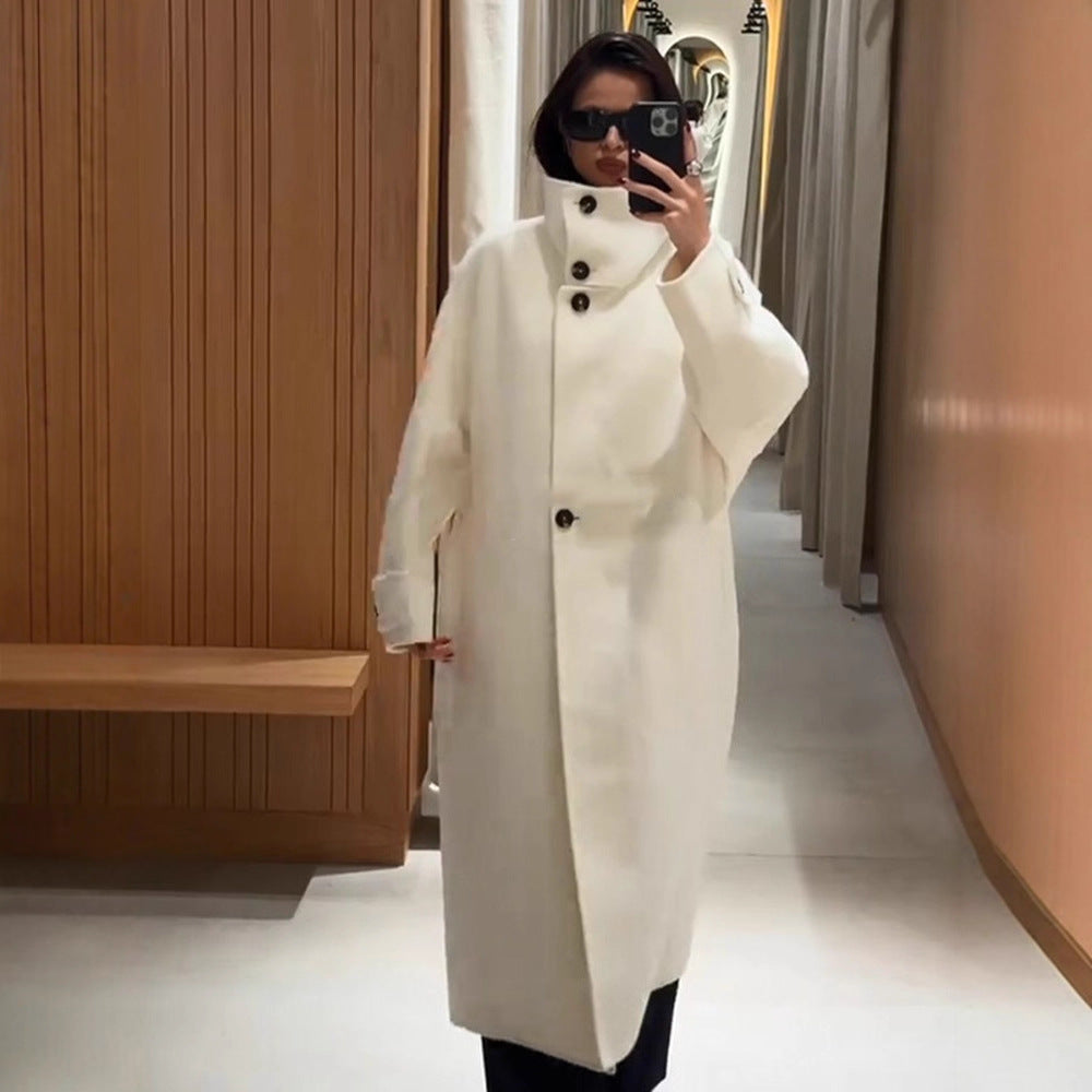 Women Oversize Wool Blend Coat with Asymmetrical Cut and High Stand-Up Collar Amarae