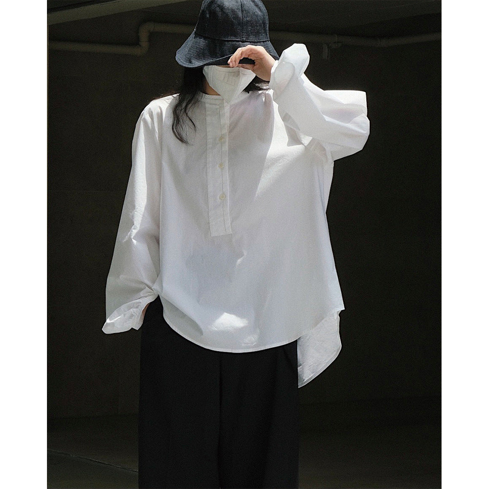 Women's Long Cut Poplin Tunic with Hidden Button Placket and Voluminous Balloon Sleeves Amarae