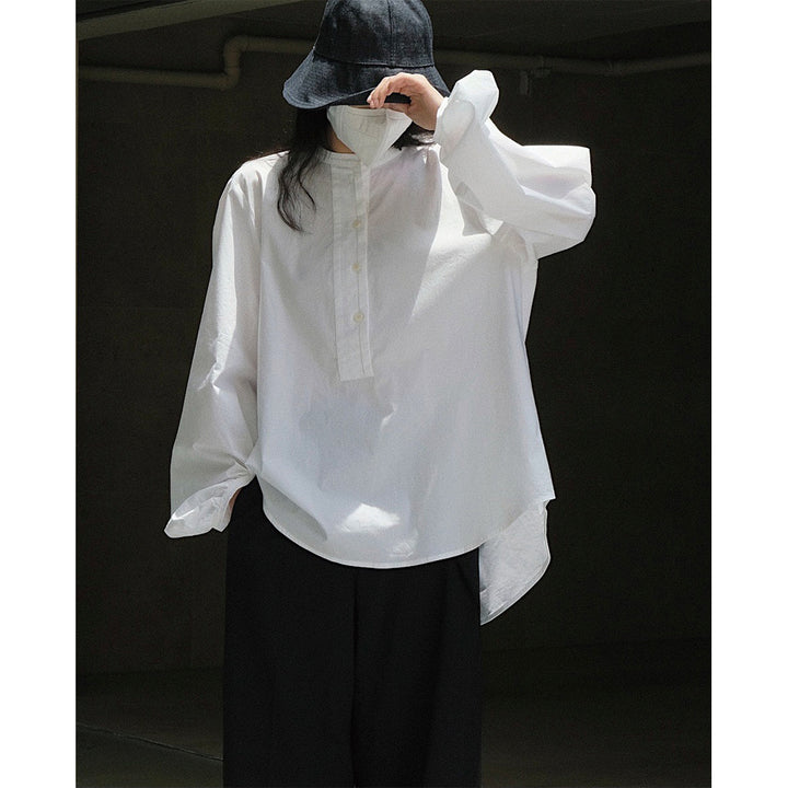 Women's Long Cut Poplin Tunic with Hidden Button Placket and Voluminous Balloon Sleeves Amarae