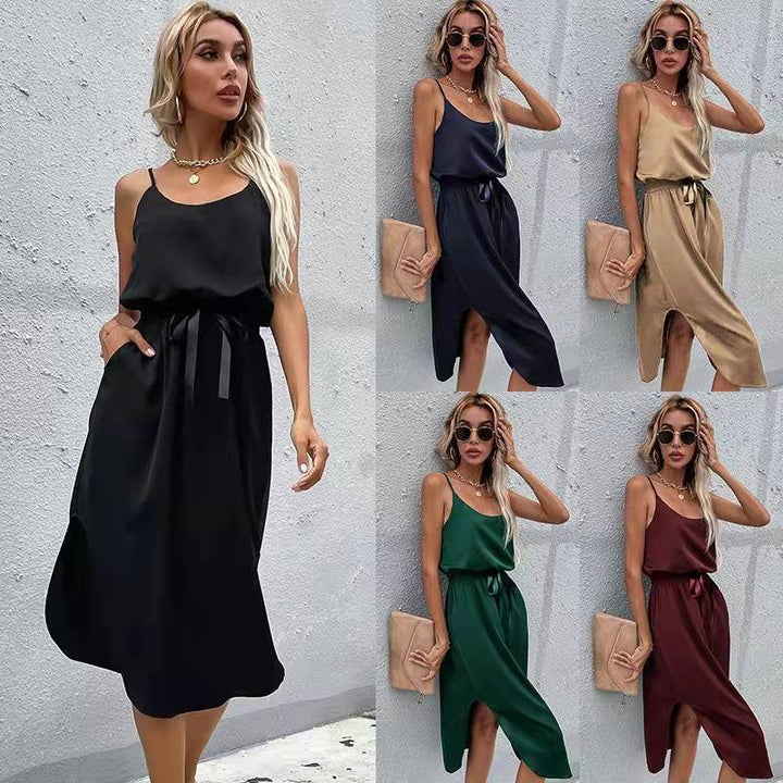 Mid-length dress with adjustable spaghetti straps for women with tied belt Lune London