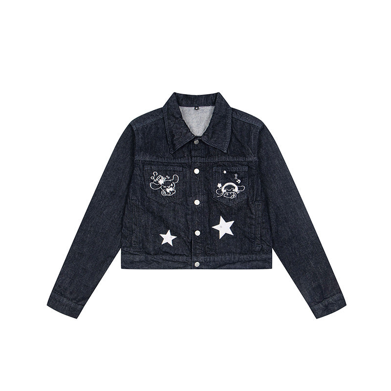 Women Short Cropped Denim Jacket with Star Applications and Cartoon Embroideries Amarae