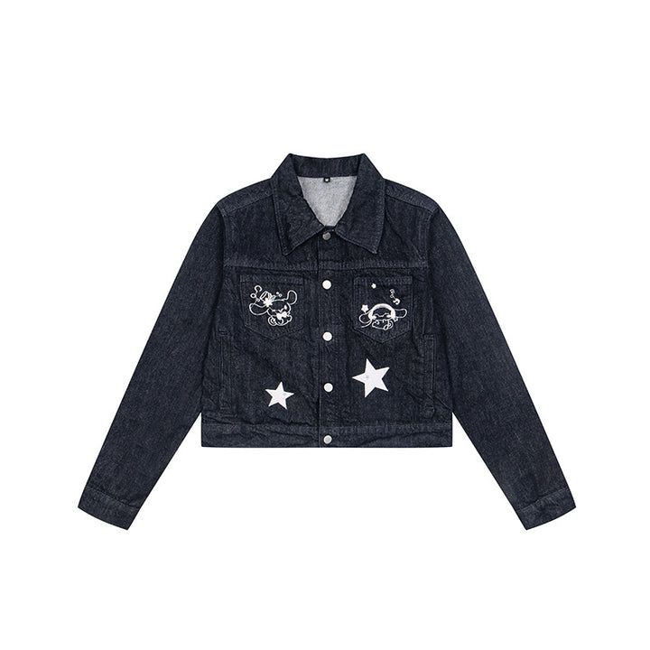 Women Short Cropped Denim Jacket with Star Applications and Cartoon Embroideries Amarae