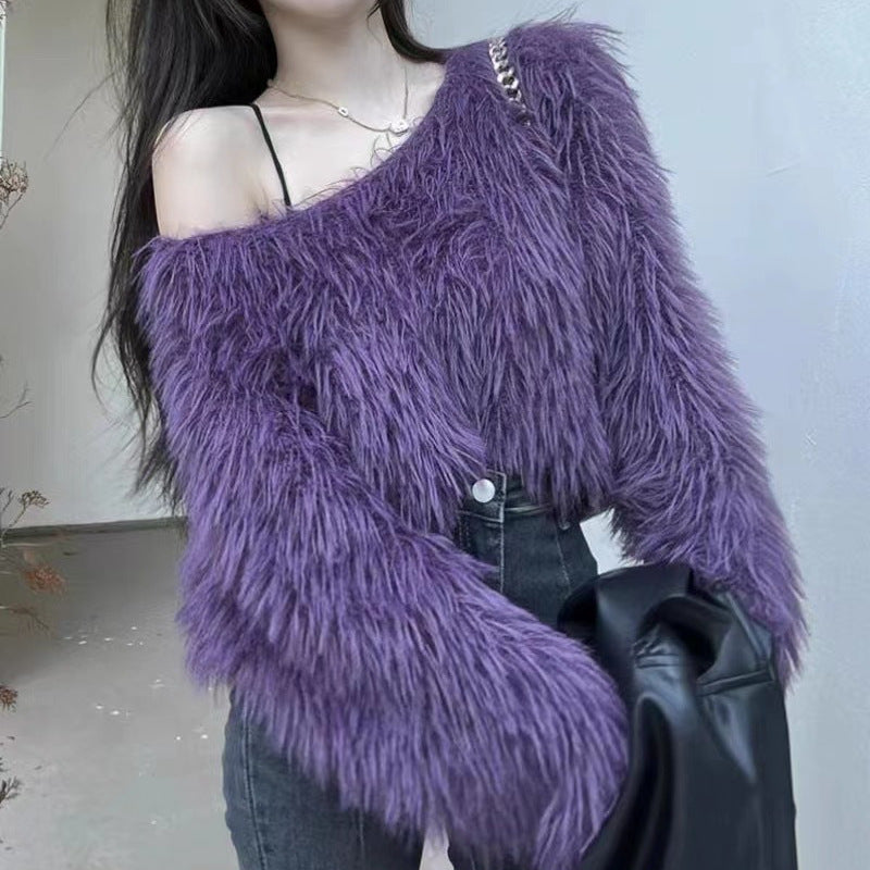 Cropped women's sweater with fluffy texture and off-the-shoulder design Lune London