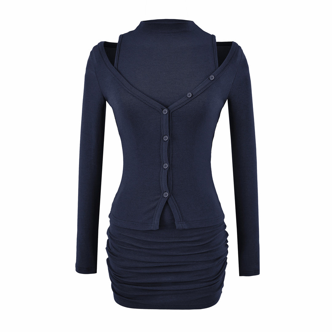 Ladies two-piece knit set with integrated high neck vest and asymmetric button cardigan Amarae