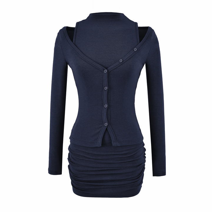 Ladies two-piece knit set with integrated high neck vest and asymmetric button cardigan Amarae
