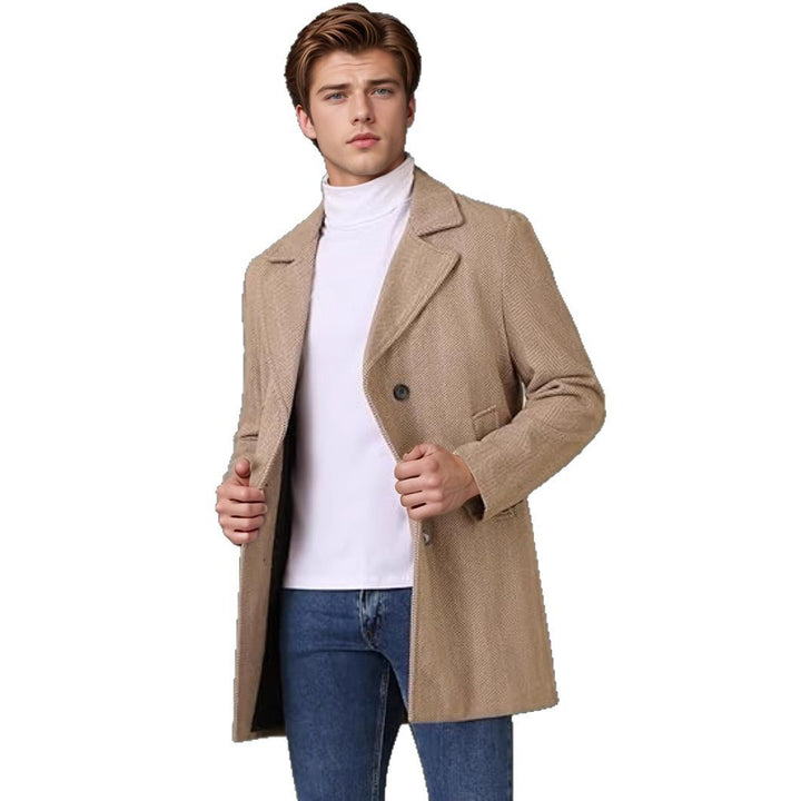 Elegant double-breasted coat for men with textured herringbone pattern Lune London