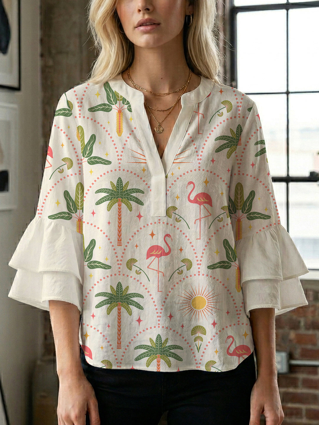 Ladies blouse with voluminous ruffled sleeves and floral print Lune London