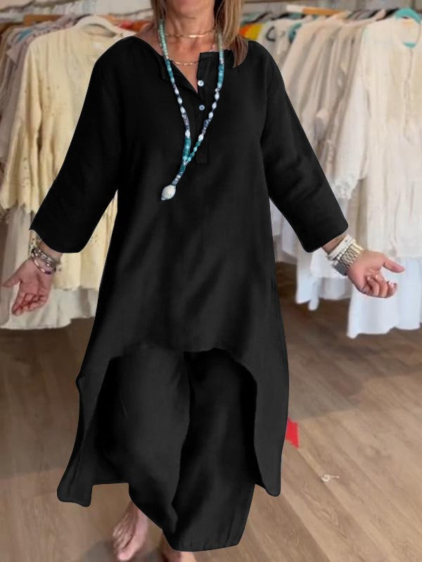 Women's Midi-Length Linen Tunic Set with Asymmetric Hem and Wide Palazzo Pants Amarae